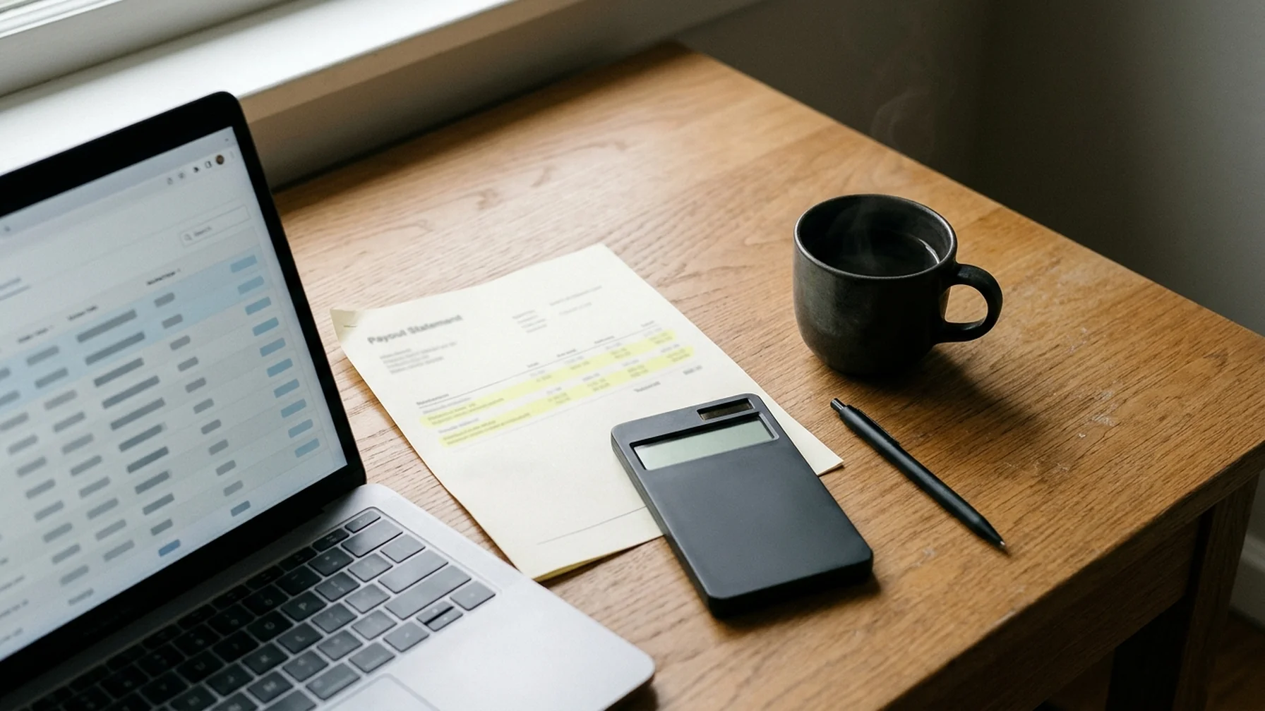 A seller's desk with a laptop showing a marketplace order list, a printed payout statement, a calculator and a mug of coffee, lit by window light